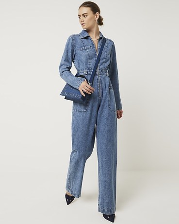 River Island Blue Zip Up Denim Jumpsuit | collared utility jumpsuits | women’s on trend fashion - flipped