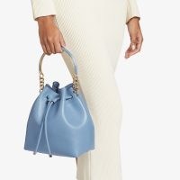 JIMMY CHOO Bon Bon Bucket Bag Smoky Blue Soft Leather – luxury drawstring bags – luxe top handle handbag