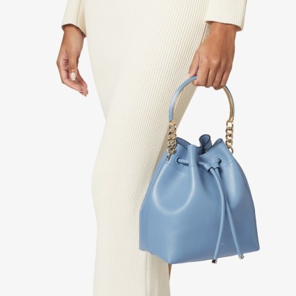 JIMMY CHOO Bon Bon Bucket Bag Smoky Blue Soft Leather – luxury drawstring bags – luxe top handle handbag - flipped