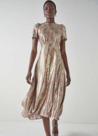 L.K. BENNETT Boyd Floral Print Metallic Silk Midi Dress / women’s luxury party dresses / shimmering occasion clothing / shiny fluid fabric event clothes / luxe occasionwear