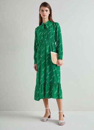 L.K. BENNETT Bridget Green Viscose-Silk Monkey Print Dress / silky long sleeve tiered hem midi dresses / animal print clothing - flipped