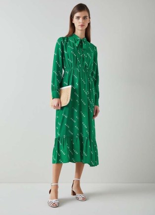 L.K. BENNETT Bridget Green Viscose-Silk Monkey Print Dress / silky long sleeve tiered hem midi dresses / animal print clothing