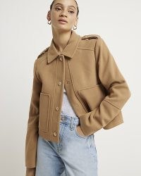 RIVER ISLAND Brown Collared Crop Jacket ~ camel military jackets