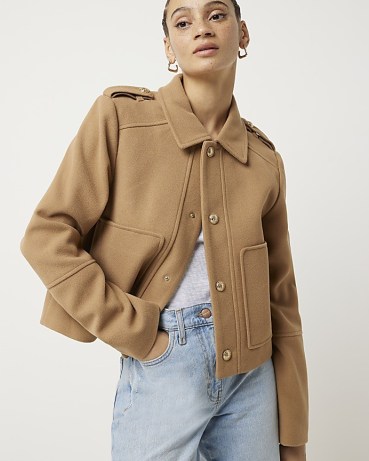 RIVER ISLAND Brown Collared Crop Jacket ~ camel military jackets - flipped