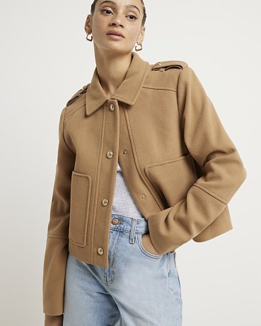 RIVER ISLAND Brown Collared Crop Jacket ~ camel military jackets