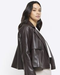 River Island Brown Cropped Faux Leather Trench Coat | women’s fake leather jackets | womens on trend short length coats