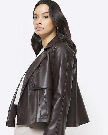 River Island Brown Cropped Faux Leather Trench Coat | women’s fake leather jackets | womens on trend short length coats - flipped