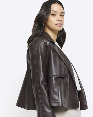 River Island Brown Cropped Faux Leather Trench Coat | women’s fake leather jackets | womens on trend short length coats