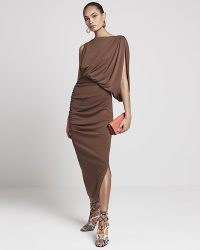 RIVER ISLAND Brown Drape Bodycon Midi Dress ~ chic asymmetric evening dresses ~ sophisticated party fashion