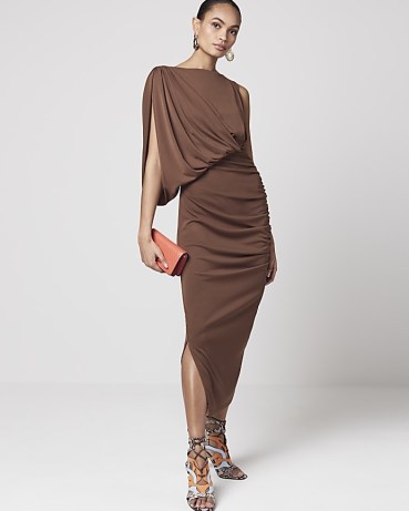 RIVER ISLAND Brown Drape Bodycon Midi Dress ~ chic asymmetric evening dresses ~ sophisticated party fashion - flipped