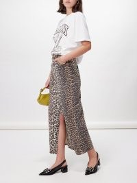 GANNI Leopard-print organic cotton-blend denim skirt | brown front slit animal print skirts