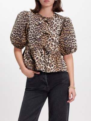 GANNI Tie-front leopard-print organic-cotton blouse | brown animal print pudd sleeve tops | women’s printed organic cotton blouses - flipped