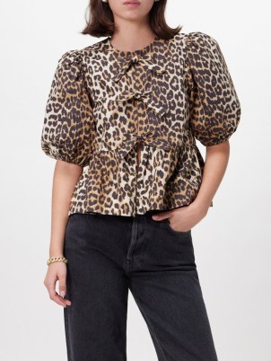 GANNI Tie-front leopard-print organic-cotton blouse | brown animal print pudd sleeve tops | women’s printed organic cotton blouses