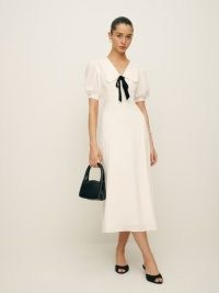 Reformation Buchanan Dress in Ivory / women’s off white vintage style midi dresses / oversized collar / front bow detail / puffed sleeves
