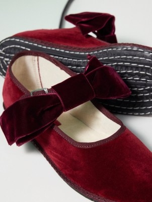 Vibi Venezia Bow-strap burgundy velvet Mary Jane flats – plush Mary Janes – luxe ballerinas - flipped