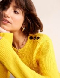 Boden Button Detail Stitch Jumper in Super Lemon Yellow – women’s bright relaxed fit round neck jumpers