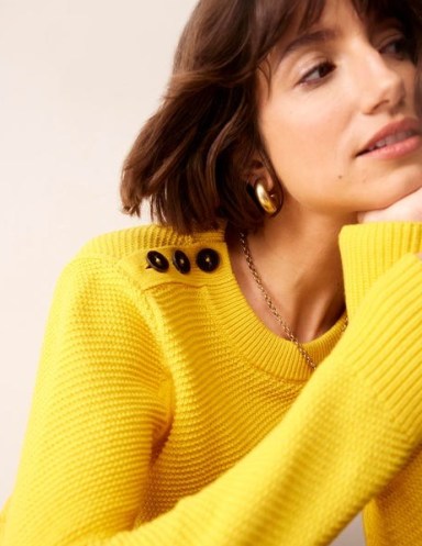 Boden Button Detail Stitch Jumper in Super Lemon Yellow – women’s bright relaxed fit round neck jumpers - flipped