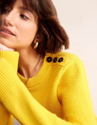 Boden Button Detail Stitch Jumper in Super Lemon Yellow – women’s bright relaxed fit round neck jumpers