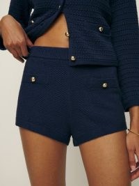 Reformation Charlotte Cotton Short in Navy / women’s dark blue knitted organic cotton short shorts with button details