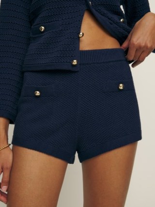 Reformation Charlotte Cotton Short in Navy / women’s dark blue knitted organic cotton short shorts with button details - flipped