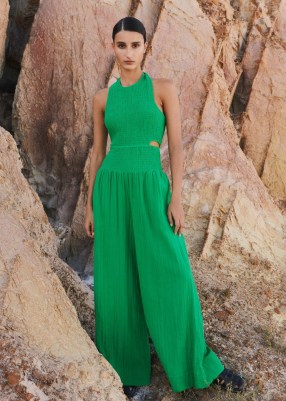ME and EM Cheesecloth Shirred Wide-Leg Jumpsuit in Spring Green ~ halterneck side cut out jumpsuits ~ women’s cotton summer clothing - flipped