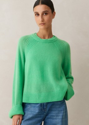 ME and EM Cloud-Soft Merino Cashmere Silk Cropped Box Jumper in Hot Mint ~ green relaxed fit jumpers ~ women’s luxury jumpers - flipped