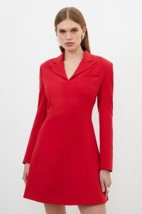 KAREN MILLEN Compact Stretch Tailored Full Skirt Mini Blazer Dress in Red ~ lshort length ong sleeve A-line dresses