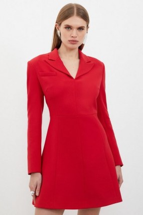 KAREN MILLEN Compact Stretch Tailored Full Skirt Mini Blazer Dress in Red ~ lshort length ong sleeve A-line dresses - flipped