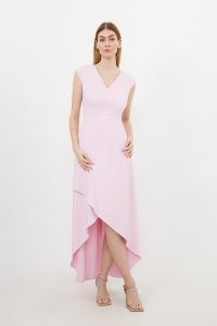 KAREN MILLEN Light pink Compact Stretch Viscose Drape Cap Sleeve Tailored Maxi Dress ~ dip hem occasion dresses