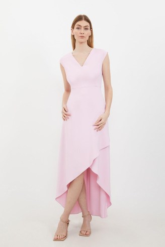 KAREN MILLEN Light pink Compact Stretch Viscose Drape Cap Sleeve Tailored Maxi Dress ~ dip hem occasion dresses - flipped