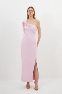 KAREN MILLEN Compact Stretch Viscose Tailored One Shoulder Maxi Dress in Pale Pink ~ asymmetric split hem column dresses ~ glamorous occasionwear