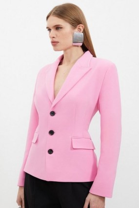 KAREN MILLEN Compact Stretched Tailored Darted Blazer in Pink ~ women’s fitted blazers - flipped