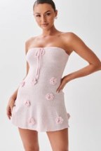 Meshki CONNELLY Strapless Crochet Mini Dress in Fairy Floss Pink ~ women’s short length knitted party dresses ~ womens floral going out evening fashion - flipped