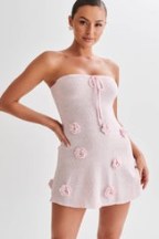 Meshki CONNELLY Strapless Crochet Mini Dress in Fairy Floss Pink ~ women’s short length knitted party dresses ~ womens floral going out evening fashion