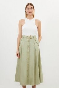 KAREN MILLEN Cotton Sateen Button Woven Midi Skirt in Khaki ~ women’s green belted full skirts