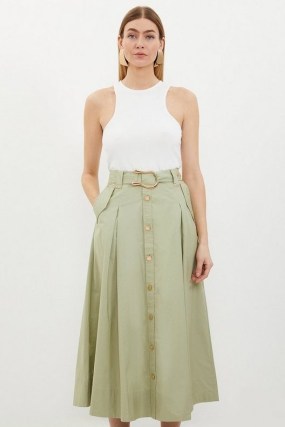 KAREN MILLEN Cotton Sateen Button Woven Midi Skirt in Khaki ~ women’s green belted full skirts - flipped
