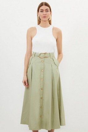 KAREN MILLEN Cotton Sateen Button Woven Midi Skirt in Khaki ~ women’s green belted full skirts