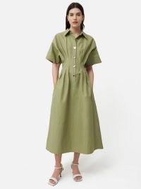 JIGSAW Cotton Stitched Pleat Dress in Green ~ A-line shaped shirt dresses