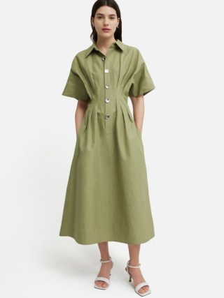 JIGSAW Cotton Stitched Pleat Dress in Green ~ A-line shaped shirt dresses - flipped