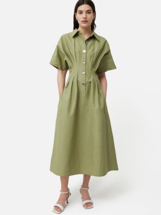 JIGSAW Cotton Stitched Pleat Dress in Green ~ A-line shaped shirt dresses