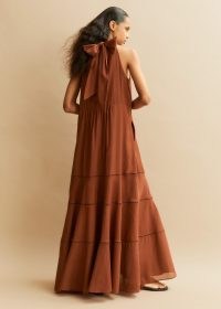 ME and EM Cotton Voile Halterneck Full-Length Dress in Cinnamon ~ brown halter neck maxi dresses ~ back tie detail