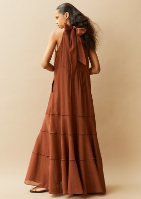 ME and EM Cotton Voile Halterneck Full-Length Dress in Cinnamon ~ brown halter neck maxi dresses ~ back tie detail - flipped