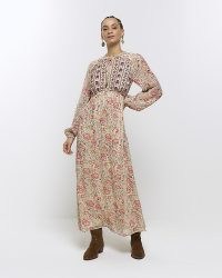 RIVER ISLAND Cream Floral Embroidered Smock Midi Dress / vintage style dresses