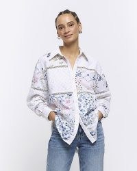 RIVER ISLAND Cream Floral Patchwork Lace Shirt / women’s cotton poplin curved hem shirts