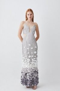 KAREN MILLEN Crystal Applique Deep V Woven Maxi Dress in Gun Metal – strappy cut out occasion dresses