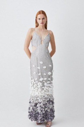 KAREN MILLEN Crystal Applique Deep V Woven Maxi Dress in Gun Metal – strappy cut out occasion dresses
