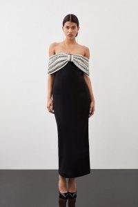 KAREN MILLEN Crystal Embellished Bow Detailed Woven Maxi Dress in Black – glamorous occasionwear – party glamour – bardot column dresses – off the shoulder evening occasion clothing