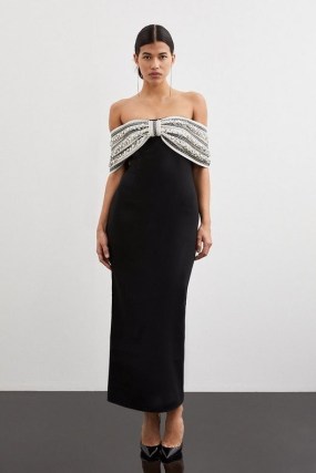 KAREN MILLEN Crystal Embellished Bow Detailed Woven Maxi Dress in Black – glamorous occasionwear – party glamour – bardot column dresses – off the shoulder evening occasion clothing - flipped