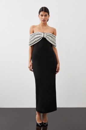KAREN MILLEN Crystal Embellished Bow Detailed Woven Maxi Dress in Black – glamorous occasionwear – party glamour – bardot column dresses – off the shoulder evening occasion clothing