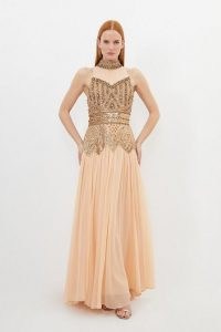 KAREN MILLEN Crystal Embellished Godet Woven Maxi Dress in Gold
